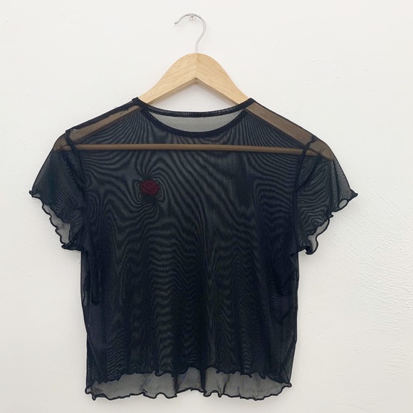 SOLD 90s Black Sheer Rose Crop Top - Picture 5 of 6